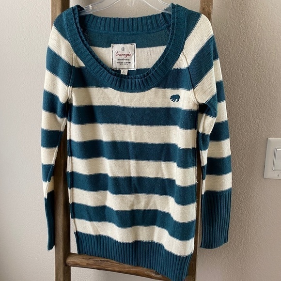 Energie - Size L striped sweater - turquoise and white - Picture 1 of 7